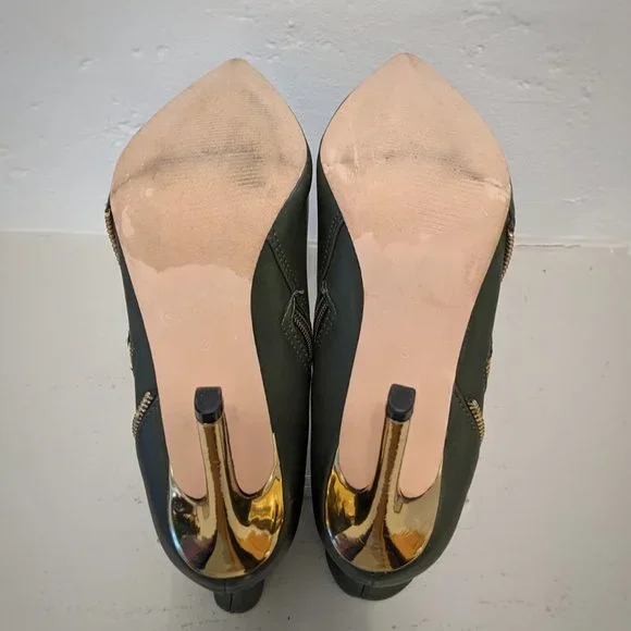 CATHERINE MALANDRINO Gold Stiletto Heel Zipper Detail Olive Green Ankle Boot Sz8 - Picture 7 of 12
